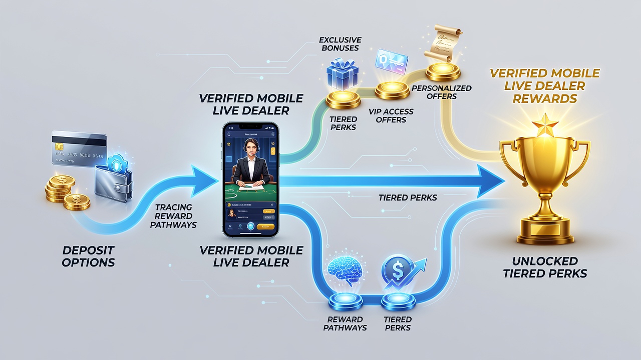 Diagram van beloningsroutes met stortingsopties en VIP-tier progressie in een mobiele app